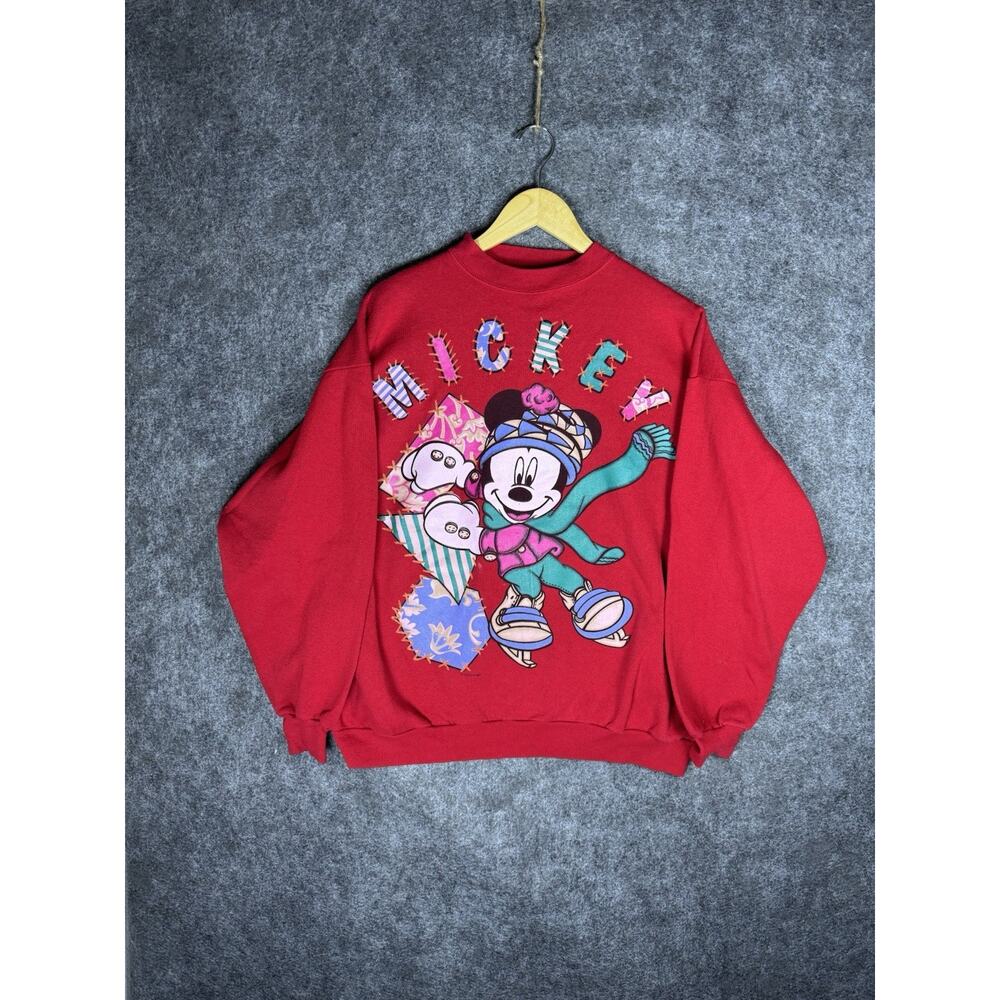 Vintage 90s Disney Mickey Mouse Inc Ice Skating Red Crewneck Sweatshirt Size XL